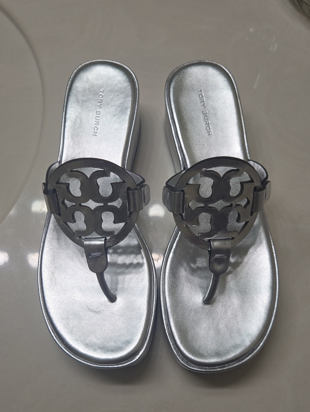 Tory Burch Silver Logo Thong Sandals